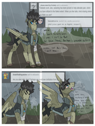 Size: 960x1280 | Tagged: safe, artist:thevixvix, oc, oc only, oc:cassio, pegasus, pony, ask, bandage, bracelet, comic, jewelry, male, necklace, rain, solo, stallion, tumblr