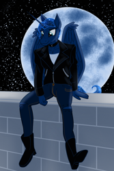 Size: 1600x2400 | Tagged: safe, artist:sixes&sevens, princess luna, alicorn, anthro, g4, alternate hairstyle, brick wall, clothes, collar, female, jacket, leather, leather jacket, moon, night, short mane, sitting, solo, stars