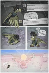 Size: 862x1280 | Tagged: safe, artist:thevixvix, oc, oc:cassio, pegasus, pony, ask, bandage, cloud, comic, jewelry, male, necklace, rain, solo, stallion, tumblr