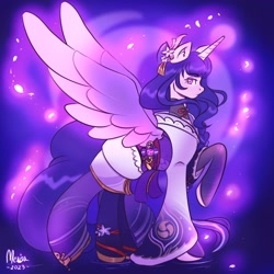 Size: 2048x2048 | Tagged: safe, artist:merisa, alicorn, pony, abstract background, clothes, female, genshin impact, high res, mare, ponified, raiden shogun (genshin impact), raised hoof, simple background, socks, solo, stockings, thigh highs