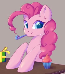Size: 2800x3200 | Tagged: safe, artist:ske, pinkie pie, earth pony, pony, g4, cupcake, food, high res, looking at you, party horn, present, smiling, solo
