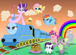 Size: 2000x1429 | Tagged: safe, artist:spellboundcanvas, applejack, derpy hooves, fluttershy, pinkie pie, rainbow dash, rarity, spike, starlight glimmer, trixie, twilight sparkle, crab pony, dragon, pegasus, pony, unicorn, g4, chubbie, cloud, dr. livesey walk, food, food transformation, i'm pancake, inanimate tf, living object, long glimmer, long pony, mane seven, mane six, marshmallow, meme, not salmon, pancakes, railroad, rainbow, rarity is a marshmallow, so much wat, spiderjack, train, train tracks, trainified, transformation, wat