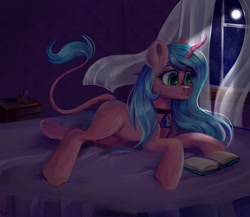 Size: 3000x2600 | Tagged: safe, artist:ske, oc, oc only, pony, unicorn, bed, book, choker, curved horn, high res, horn, leonine tail, lying down, moonlight, prone, smiling, solo, tail