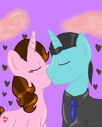 Size: 2000x2500 | Tagged: safe, artist:wrath-marionphauna, oc, oc only, oc:color breezie, oc:mysterious science, pony, unicorn, cheek kiss, clothes, cloud, couple, eyes closed, heart, high res, kissing, necktie