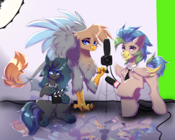 Size: 2500x2000 | Tagged: safe, artist:mysha, oc, oc only, oc:dusktalon, oc:globe trotter, oc:lilo, changeling, griffon, pegasus, pony, cable, camera, changeling oc, female, griffon oc, high res, male, microphone, pegasus oc, stallion