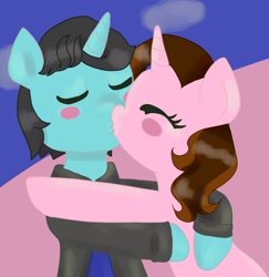 Size: 1990x2048 | Tagged: safe, artist:wrath-marionphauna, oc, oc only, oc:color breezie, oc:mysterious science, pony, unicorn, blushing, clothes, hug, kiss on the lips, kissing, necktie