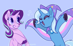 Size: 2123x1337 | Tagged: safe, artist:beetlebonez, derpibooru exclusive, starlight glimmer, trixie, pony, unicorn, g4, bisexual pride flag, blushing, cape, clothes, duo, duo female, eyes closed, face paint, female, happy, hat, implied lesbian, implied shipping, implied startrix, open mouth, open smile, pride, pride flag, simple background, smiling, stars, trans trixie, transgender, transgender pride flag, trixie's cape, trixie's hat, underhoof, unshorn fetlocks