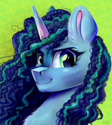 Size: 1800x2000 | Tagged: safe, artist:ske, misty brightdawn, pony, unicorn, g5, abstract background, bust, butterfly background, female, freckles, looking at you, mare, smiling, smirk, solo
