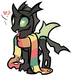 Size: 2163x2256 | Tagged: safe, artist:emberslament, derpibooru exclusive, oc, oc only, oc:pitch kritter pine, changeling, blushing, clothes, cute, cuteling, green changeling, green eyes, heart, heart eyes, high res, holes, scarf, simple background, solo, striped scarf, transparent background, wingding eyes
