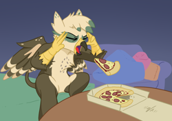 Size: 1200x850 | Tagged: safe, artist:jargon scott, oc, oc only, oc:dillinger, griffon, chest fluff, colored wings, couch, eyes closed, floating, focused, food, griffon oc, levitation, male, meme, open mouth, pale belly, partially open wings, pizza, pizza box, ponified meme, simple background, sitting, solo, table, telekinesis, two toned wings, wings