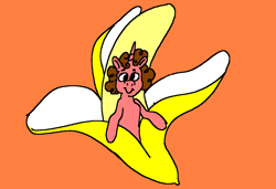 Size: 1296x886 | Tagged: safe, artist:msponies, oc, oc only, oc:banana pie, pony, unicorn, banana, food, looking at you, male, micro, ms paint, orange background, simple background, smiling, solo, stallion