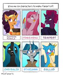 Size: 1080x1290 | Tagged: safe, artist:buvanybu, gallus, pinkie pie, queen chrysalis, saffron masala, stygian, tempest shadow, changeling, changeling queen, earth pony, griffon, pony, unicorn, g4, blushing, broken horn, bust, female, horn, knife, male, mare, pinkamena diane pie, six fanarts, smiling, stallion