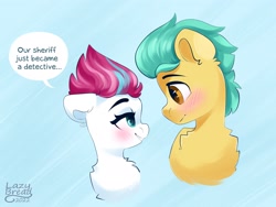 Size: 2048x1536 | Tagged: safe, artist:lazybread, hitch trailblazer, zipp storm, earth pony, pegasus, pony, g5, blushing, chest fluff, cute, dialogue, duo, ear fluff, eye contact, female, floppy ears, fluffy, grin, lidded eyes, looking at each other, looking at someone, male, mare, neck fluff, nervous, ship:stormblazer, shipping, smiling, speech bubble, stallion, straight