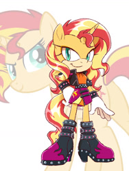 Size: 774x1032 | Tagged: safe, artist:kanayanga, part of a set, sunset shimmer, mobian, unicorn, anthro, g4, bracelet, hand on hip, jewelry, looking at you, smiling, smiling at you, sonic the hedgehog (series), sonicified