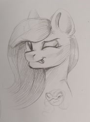 Size: 1594x2160 | Tagged: safe, artist:ske, fluttershy, pony, g4, looking at you, one eye closed, sketch, smiling, solo, tongue out, traditional art, wink, winking at you