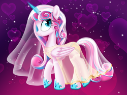 Size: 5464x4096 | Tagged: safe, artist:lunavirgin64, princess flurry heart, alicorn, pony, g4, abstract background, clothes, dress, eyelashes, female, heart, heart eyes, hoof shoes, mare, older, older flurry heart, see-through, solo, wedding veil, wingding eyes