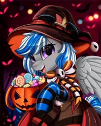 Size: 2550x3209 | Tagged: safe, artist:pridark, oc, oc only, oc:lady lightning strike, pegasus, pony, candy, clothes, food, halloween, hat, high res, holiday, latex, latex socks, pumpkin bucket, socks, solo, striped socks, witch hat