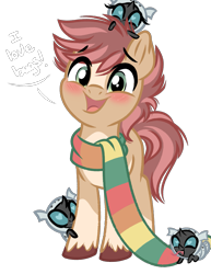 Size: 1195x1549 | Tagged: safe, artist:emberslament, derpibooru exclusive, oc, oc:pitch kritter pine, changeling, changeling larva, earth pony, pony, blushing, clothes, cute, cuteling, scarf, simple background, striped scarf, text, transparent background