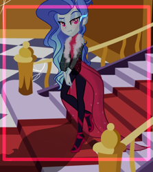 Size: 3055x3418 | Tagged: safe, artist:harmonyvitality-yt, oc, oc only, human, equestria girls, g4, base used, bedroom eyes, clothes, dress, female, high heels, high res, indoors, makeup, offspring, parent:fancypants, parent:rarity, parents:raripants, shoes, solo