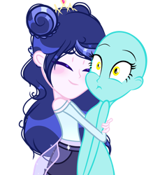 Size: 2952x3220 | Tagged: safe, artist:harmonyvitality-yt, oc, oc only, human, equestria girls, g4, bald, base used, clothes, duo, eyelashes, high res, hug, offspring, parent:flash sentry, parent:twilight sparkle, parents:flashlight, simple background, transparent background