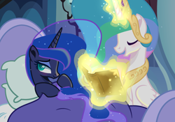 Size: 2260x1584 | Tagged: safe, artist:harmonyvitality-yt, princess celestia, princess luna, alicorn, pony, g4, base used, bed, blushing, book, duo, ethereal mane, eyes closed, glowing, glowing horn, happy, horn, indoors, jewelry, magic, peytral, reading, royal sisters, siblings, sisters, smiling, starry mane, telekinesis, tiara