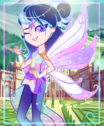 Size: 1920x2323 | Tagged: safe, artist:harmonyvitality-yt, oc, oc only, human, equestria girls, g4, artificial wings, augmented, base used, beckoning, clothes, female, hand on hip, humanized, magic, magic wings, offspring, one eye closed, outdoors, parent:flash sentry, parent:twilight sparkle, parents:flashlight, solo, wings, wink