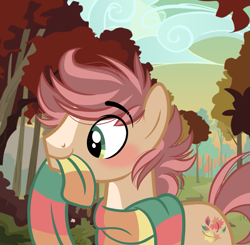 Size: 1071x1048 | Tagged: safe, artist:emberslament, oc, oc only, oc:pitch kritter pine, changeling, earth pony, pony, clothes, detailed background, eyebrows, eyebrows visible through hair, male, scarf, solo, stallion, striped scarf