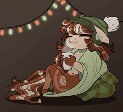 Size: 1100x1000 | Tagged: safe, artist:purplegrim40, oc, oc only, earth pony, anthro, unguligrade anthro, animated, beanie, blanket, christmas, christmas lights, commission, ear flick, earth pony oc, eyes closed, floppy ears, gif, hat, holiday, mug, pillow, simple background, smiling, solo, string lights, ych result