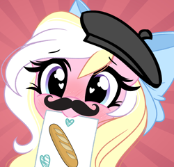 Size: 2434x2341 | Tagged: safe, artist:emberslament, derpibooru exclusive, oc, oc only, oc:bay breeze, pony, baguette, beret, blushing, bow, bread, cute, facial hair, female, food, hair bow, hat, heart, heart eyes, high res, looking at you, mare, moustache, wingding eyes