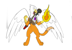 Size: 3278x2306 | Tagged: safe, artist:l.scratch, artist:somber, griffon, fire, griffon magic, high res, magic, rocket launcher, simple background, solo, transparent background, weapon