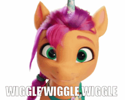 Size: 1000x800 | Tagged: safe, edit, edited screencap, screencap, sunny starscout, earth pony, pony, g5, my little pony: a new generation, spoiler:my little pony: a new generation, animated, bag, braid, bust, caption, cute, eyebrows, fake horn, female, fit right in (g5), gif, green eyes, image macro, loop, mare, satchel, simple background, smiling, solo, sunnybetes, text, text edit, white background, wiggle