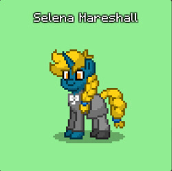 Size: 560x558 | Tagged: safe, oc, oc only, oc:selena mareshall, pony, unicorn, pony town, bowtie, braid, braided tail, clothes, green background, simple background, skirt, solo, tail