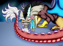 Size: 7416x5438 | Tagged: safe, artist:thebenalpha, discord, fluttershy, draconequus, human, equestria girls, g4, season 10, duo, duo male and female, female, humanized, male, sharp teeth, simple background, size difference, snarling, teeth, winged humanization, wings