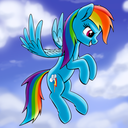 Size: 2222x2222 | Tagged: safe, artist:stellardust, rainbow dash, pegasus, pony, g4, cloud, ear fluff, female, flapping wings, flying, high res, looking down, mare, sky, smiling, solo, wings