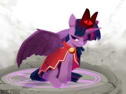 Size: 4000x3000 | Tagged: safe, artist:some_ponu, twilight sparkle, alicorn, pony, g4, cape, clothes, cosplay, costume, crossover, crown, cult of the lamb, female, high res, jewelry, mare, one eye closed, red crown, regalia, sitting, solo, spread wings, twilight sparkle (alicorn), wings