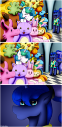 Size: 2401x4902 | Tagged: safe, artist:thebenalpha, princess celestia, princess luna, alicorn, pony, between dark and dawn, g4, season 9, alternate hairstyle, blushing, comic, duo, female, mare, meme, plushie, ponytail, royal sisters, siblings, sisters