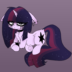 Size: 1800x1800 | Tagged: safe, artist:cutiesparke, twilight sparkle, pony, unicorn, g4, alternate design, alternate hairstyle, bracelet, butt fluff, chest fluff, choker, dock, ear fluff, ear piercing, earring, ethereal mane, female, floppy ears, fluffy, goth, gradient background, gradient mane, jewelry, lightly watermarked, looking at you, mascara, piercing, running mascara, solo, tail, unicorn twilight, watermark