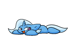 Size: 645x427 | Tagged: safe, artist:zutcha, trixie, pony, unicorn, g4, female, flat fuck friday, floppy ears, looking back, lying down, mare, open mouth, open smile, prone, simple background, smiling, solo, sploot, white background