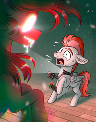 Size: 2342x2967 | Tagged: safe, artist:helmie-art, oc, oc:swift apex, ghost, ghost pony, pegasus, pony, undead, camera, duo, ear fluff, emf meter, female, flashlight (object), glowing, glowing eyes, high res, hoof hold, male, open mouth, phasmophobia, scared, sweat