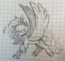 Size: 2692x2507 | Tagged: safe, artist:anwa-gows-uwu, pipp petals, pegasus, pony, g5, adorapipp, cute, eyes closed, female, graph paper, high res, mare, monochrome, music notes, singing, sketch, solo, traditional art