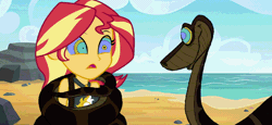 Size: 960x440 | Tagged: safe, artist:ocean lover, sunset shimmer, human, python, snake, equestria girls, equestria girls series, forgotten friendship, g4, animated, beach, bikini, bikini top, clothes, coiling, coils, disney, gif, hypno eyes, hypnosis, hypnotized, kaa, kaa eyes, ocean, open mouth, rock, sand, shell, spots, swimsuit, the jungle book, water, wrapping