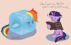 Size: 1000x633 | Tagged: safe, artist:binkyroom, rainbow dash, twilight sparkle, alicorn, pony, g4, april fools, book, colored sketch, ice cube, inanimate tf, magic, rainbow dash is not amused, silly, text, transformation, twilight sparkle (alicorn), unamused