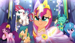 Size: 1108x637 | Tagged: safe, artist:diniarvegafinahar, hitch trailblazer, izzy moonbow, pipp petals, sparky sparkeroni, sunny starscout, zipp storm, dragon, earth pony, pegasus, pony, unicorn, g4, g5, artificial horn, artificial wings, augmented, castle, clothes, crown, crying, cute, dress, eyes closed, female, flying, glowing, glowing horn, glowing wings, group, here we go again, history repeats itself, horn, horns, jewelry, magic, magic horn, magic wings, male, mane five, mane stripe sunny, mare, needs more jpeg, older, older sparky sparkeroni, regalia, stallion, tears of joy, unshorn fetlocks, wings