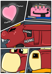 Size: 2480x3507 | Tagged: safe, artist:rex-equinox, part of a set, garble, dragon, comic:garble the diesel, g4, comic, commission, engine, heart, heart (organ), high res, inanimate tf, lights, locomotive, organs, story included, train, trainified, transformation, x-ray