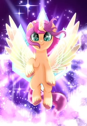 Size: 720x1039 | Tagged: safe, artist:diniarvegafinahar, sunny starscout, alicorn, earth pony, pony, g5, artificial horn, artificial wings, augmented, female, gem, glowing, glowing horn, glowing wings, horn, looking at you, magic, magic horn, magic wings, mare, race swap, solo, stars, sunnycorn, unshorn fetlocks, wings