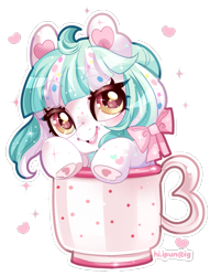 Size: 833x1093 | Tagged: safe, artist:ipun, derpibooru exclusive, oc, oc only, oc:mallowcreme, pony, bow, chibi, cup, cup of pony, cute, female, freckles, hair bow, mare, micro, simple background, solo, teacup, transparent background, underhoof