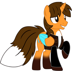 Size: 8063x7951 | Tagged: safe, artist:ejlightning007arts, oc, oc:ej, alicorn, fox, fox pony, hybrid, pony, alicorn oc, clothes, coat markings, colored wings, countershading, horn, jacket, male, raised hoof, simple background, smiling, socks (coat markings), solo, stallion, transparent background, vector, wings