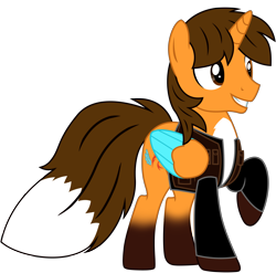 Size: 8063x7951 | Tagged: safe, artist:ejlightning007arts, oc, oc:ej, alicorn, fox, fox pony, hybrid, pony, g4, alicorn oc, clothes, coat markings, colored wings, countershading, horn, jacket, male, raised hoof, simple background, smiling, socks (coat markings), solo, stallion, transparent background, vector, wings