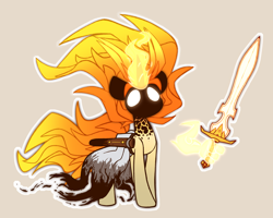Size: 2228x1786 | Tagged: safe, artist:nekro-led, oc, oc:scorching storm, pony, unicorn, clothes, fiery mane, hand, magic, magic hands, rage, simple background, sword, transformation, weapon, white eyes