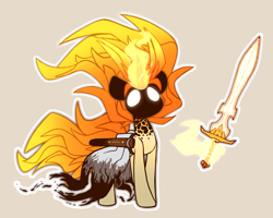 Size: 2228x1786 | Tagged: safe, artist:nekro-led, oc, oc:scorching storm, pony, unicorn, clothes, fiery mane, hand, magic, magic hands, rage, simple background, solo, sword, transformation, weapon, white eyes